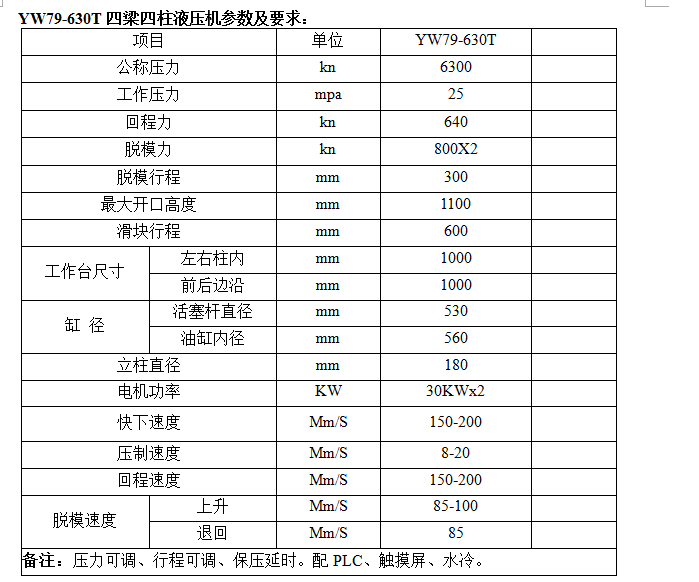 630吨四柱液压机技术参数