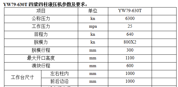 630吨四梁四柱液压机参数